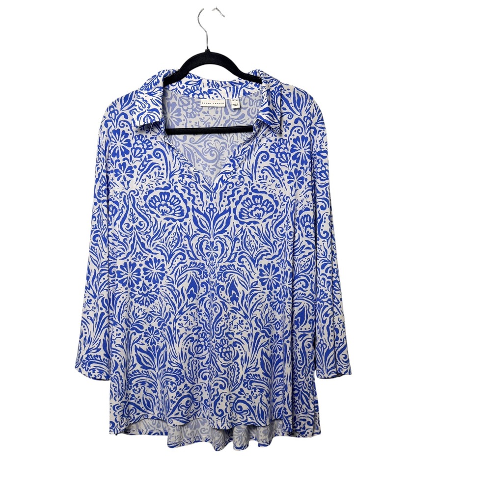 Susan Graver Blue White Damask Liquid Knit Tunic Top XL V-Neck 3/4 Sleeve